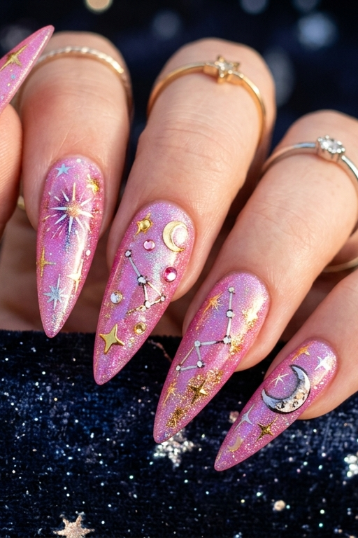 a featured image for a blog post about pink celestial nails
