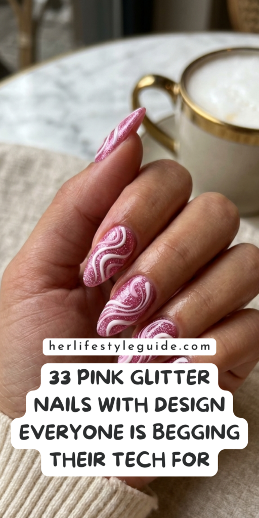 a pin that says in a large font pink glitter nails with design