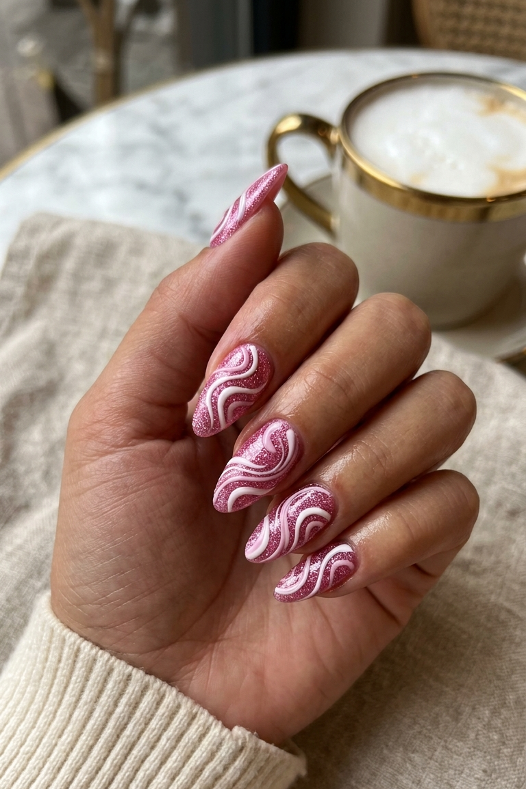 a featured image for a blog post about pink glitter nails with design