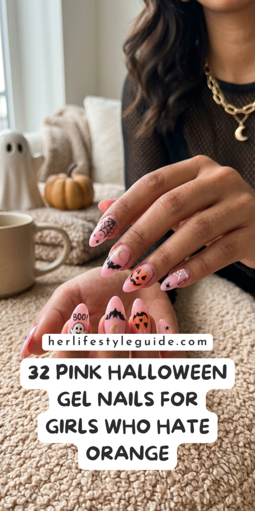 a pin that says in a large font pink halloween gel nails