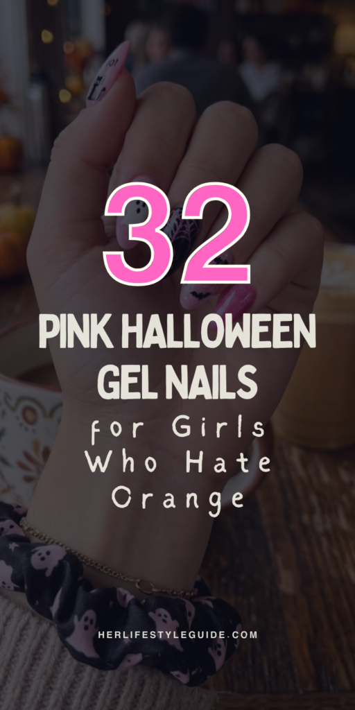 a pin that says in a large font pink halloween gel nails