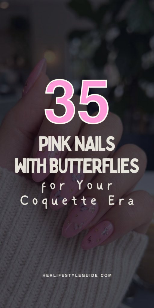 a pin that says in a large font pink nails with butterflies