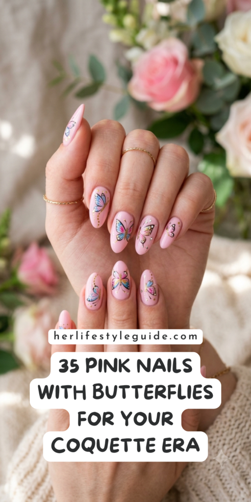 a pin that says in a large font pink nails with butterflies