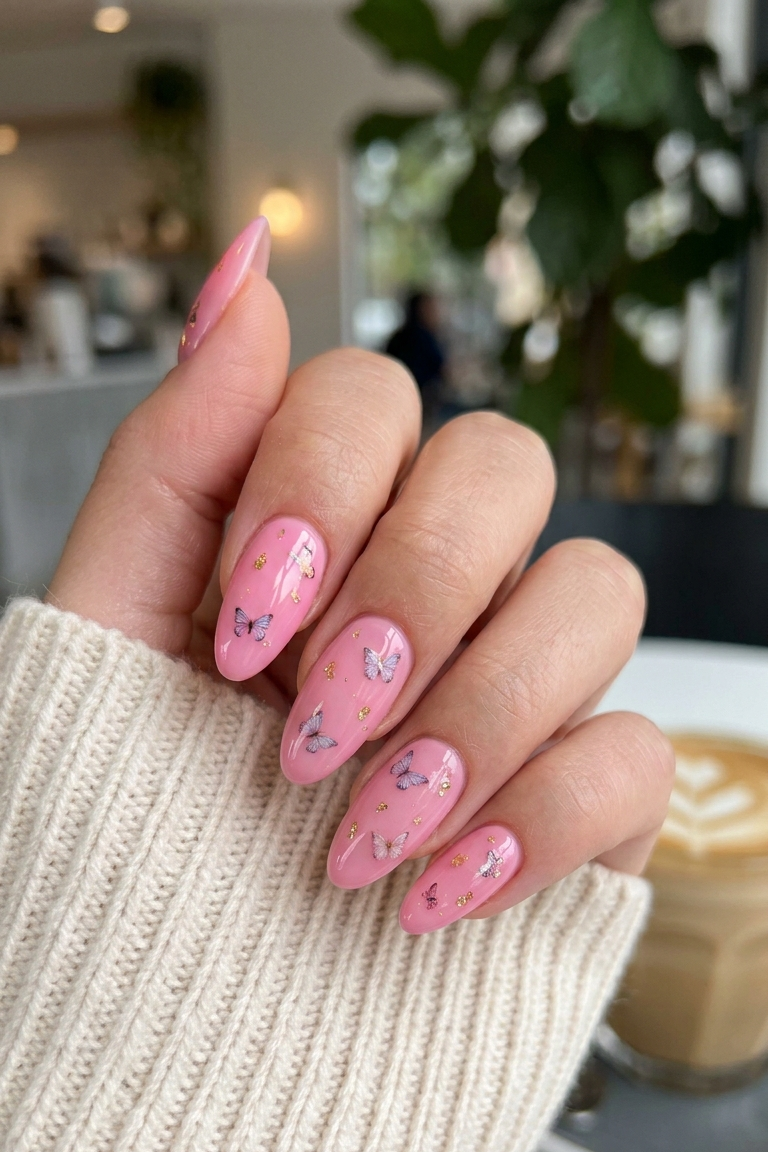 a featured image for a blog post about pink nails with butterflies